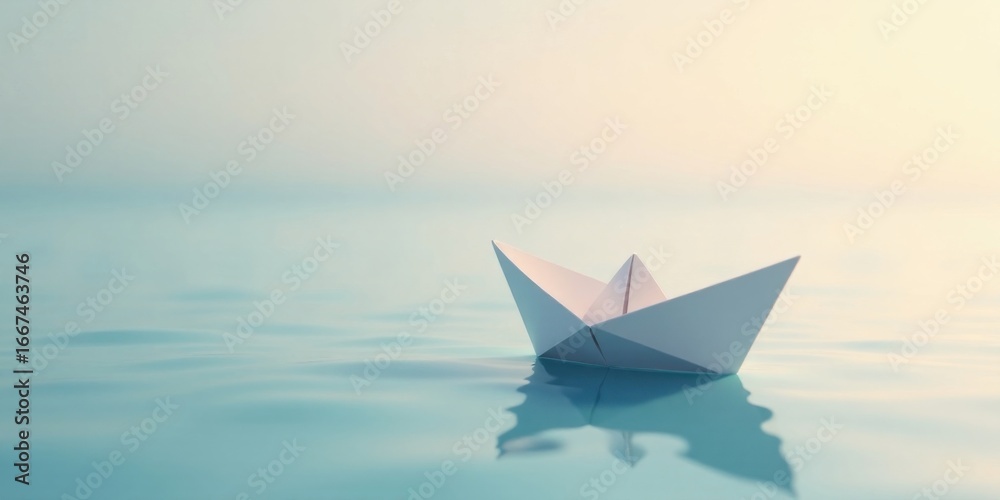 Obraz premium A Delicate Paper Boat Serenely Floats on Calm Aqua Waters at Dawn