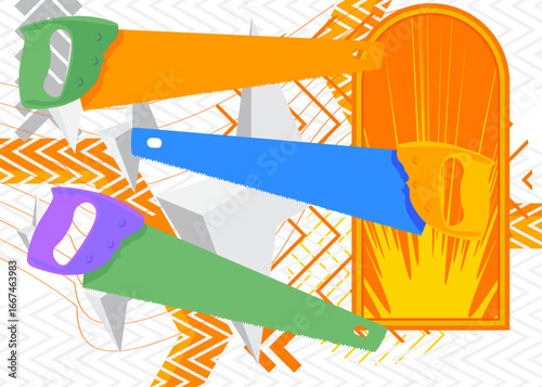 Saw geometrical graphic retro theme background. Minimal geometric elements. Vintage abstract shapes vector illustration.