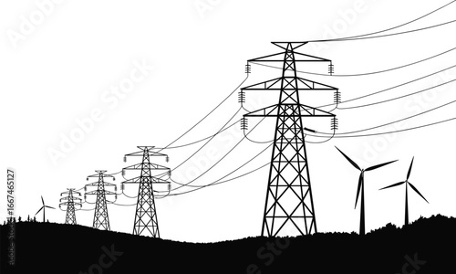 Electric power transmission towers with wind turbines, renewable energy concept, high voltage lines, silhouette landscape, sustainable energy infrastructure illustration