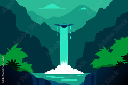Drone View of Glowing Waterfall in Rainforest
