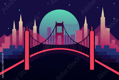 Epic Bridge Glowing Against Night Skyline Art