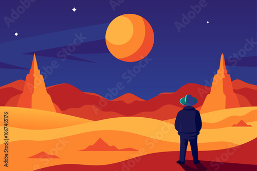 Explorer Gazing at Glowing Desert Horizon