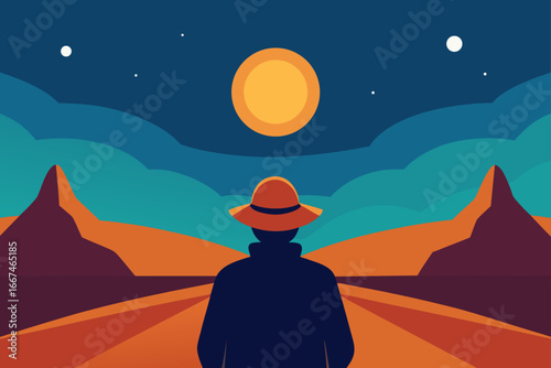 Explorer Gazing at Glowing Desert Horizon Scene
