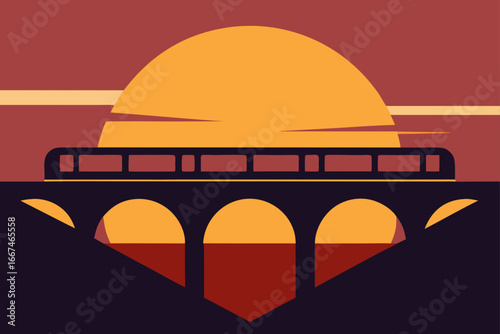 Train Crossing Bridge at Dramatic Golden Hour Illustration