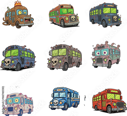 Cartoon zombie school buses with creepy monster features, skulls, and horror designs, ideal for Halloween, spooky transport, or scary themes.