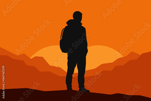 Traveler Silhouette Against Orange Sky Horizon Illustration