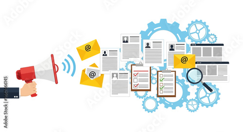Flat Design Loudspeaker Promotion Campaign with Gears Recruitment Process Illustration