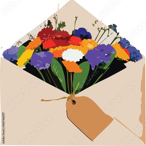 Envelope overflowing with red, yellow, blue, and white flowers, ideal for teaching youth about color theory and design balance.

