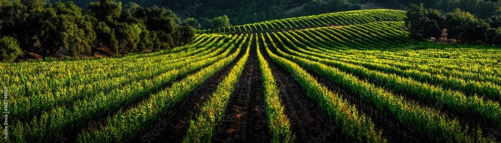 Fototapeta premium Green field with vineyard rows for harvesting concept. Vibrant green fields showcasing rows of neatly planted crops.