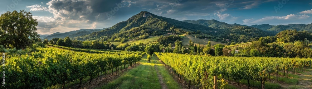 Green field with vineyard rows for harvesting concept. Stunning vineyard landscape with rolling hills and dramatic clouds. Green field with vineyard rows for harvesting concept. Stunning vineyard landscape with rolling hills and dramatic clouds.