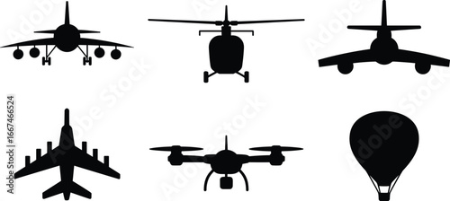 Airplane helicopter drone hot air balloon front view silhouettes, aviation transport illustration, flying vehicles vector design, travel aircraft icon set