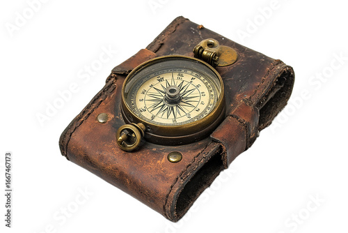Vintage navigation: Antique compass inside a leather case.