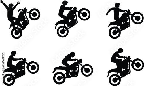 Motorcycle stunt rider silhouettes performing wheelies and tricks, extreme sport action, biker vector illustration, motorbike skills, adrenaline, daring street performance