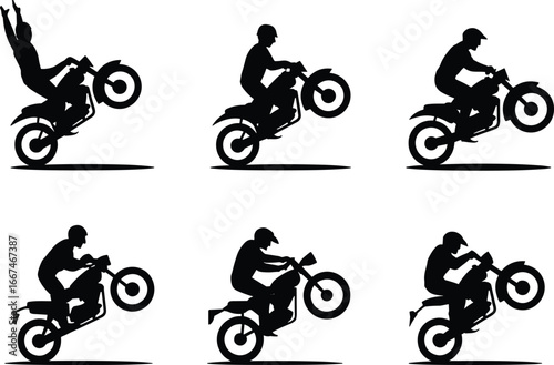 Motorcycle stunt silhouettes performing wheelies and tricks, rider vector illustration, extreme motorbike action, adrenaline sport, biker moves, street stunt style.