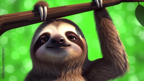 Sloth Hanging from Branch Calmly Looks Around Cartoon Style