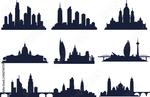 City skyline silhouettes, famous landmarks, urban buildings, modern skyscraper architecture, travel cityscape vector illustration, metropolitan skyline design, landmark building icons set