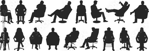 Set of diverse business people silhouettes sitting on office chairs, various postures, casual and formal, isolated black figures on white background