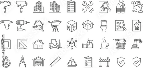 Construction tools icons, building equipment symbols, engineering tools vector, architecture icons set, repair tools outline, safety icons, industrial design symbols