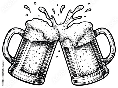 Celebratory beer toast vector: cheers, oktoberfest, festive brew, hand-drawn mug clink