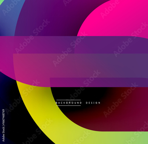 Abstract colorful layers overlap creating dynamic visual effect. Gradient shades blend smoothly, forming modern design.