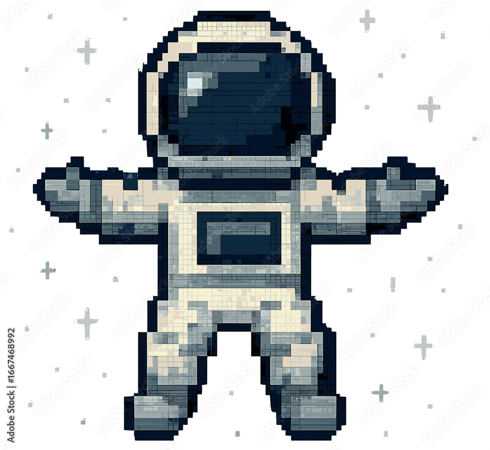 Fototapeta premium Pixel astronaut vector: space concept for sci-fi themes, digital artwork for cosmos ideas