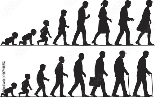 Silhouette illustration of human life stages evolution, baby crawling to elderly man and woman with cane, childhood to adulthood aging process