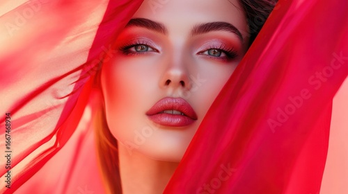 Ethereal beauty portrait of a woman with flowing red fabric accentuating her face