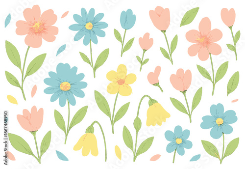 Whimsical floral pattern vector | charming spring flowers, pastel colors, delicate design