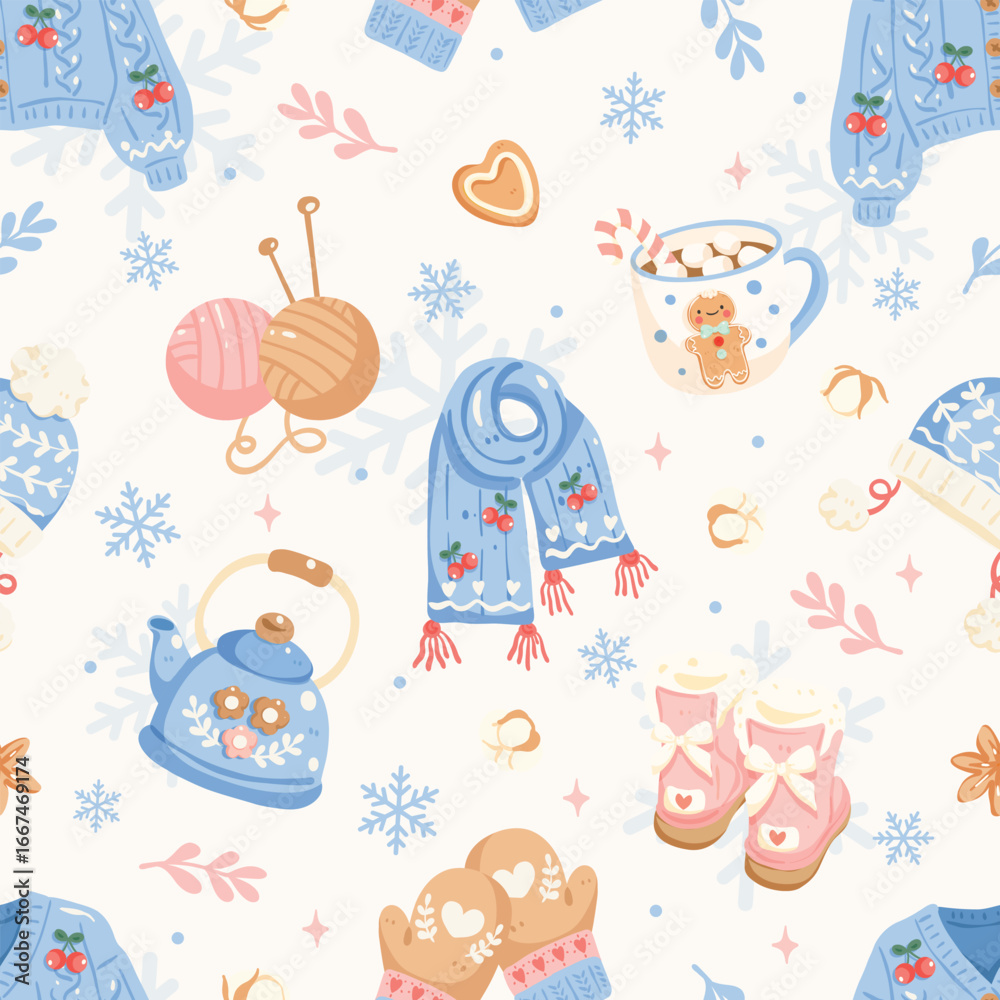 Fototapeta premium Cute Winter Cozy Seamless Pattern, Christmas Knitted Sweater Scarf Boots Gloves Tea Cup Snowflakes, Kawaii Holiday Digital Paper