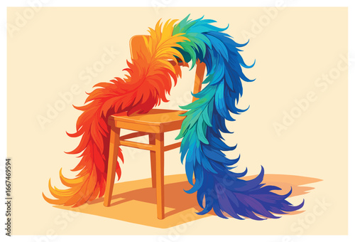 Colorful feathered boa vector for celebrations – vibrant rainbow decor on chair