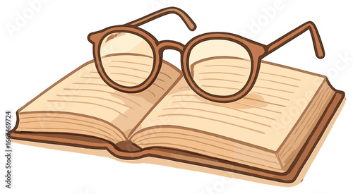 Open book with eyeglasses: reading, literature, knowledge, study, wisdom concepts
