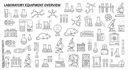 Illustration of various laboratory equipment including glassware and microscopes in black and white