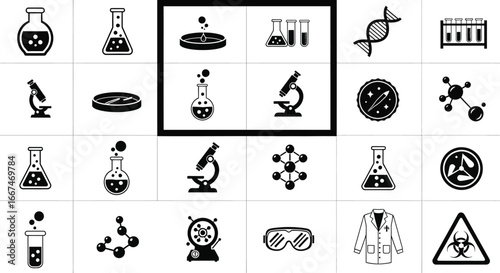 Black and white science icons featuring lab equipment and molecular structures in a grid layout