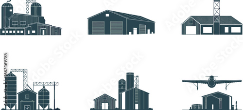 Farm building silhouettes, agriculture barns with silos, rural storage architecture, countryside warehouse vector illustration, farming design, agricultural facility structures set