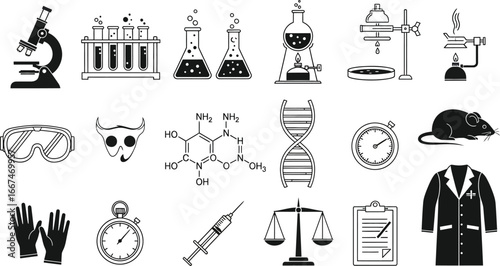A collection of scientific equipment and symbols in black and white line art illustration style