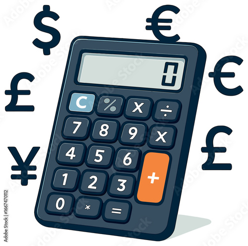 Financial calculator vector art: currency symbols, global economy, and mathematics concept