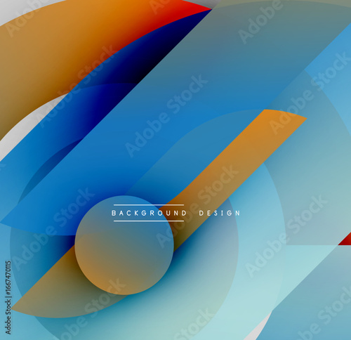 Abstract shapes overlap, creating dynamic blue, orange gradients. Modern design feels fluid, energetic. Background text reads background design.