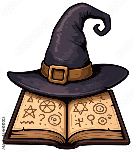 Witch's hat vector: halloween symbol with enchanted spellbook and magic icons