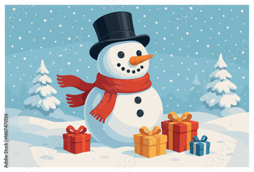 Festive snowman holiday scene: winter wonderland concept with christmas gifts and snowy pines