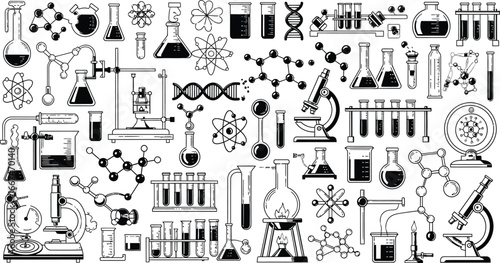 A collection of black and white science equipment and molecular structures in a seamless pattern design