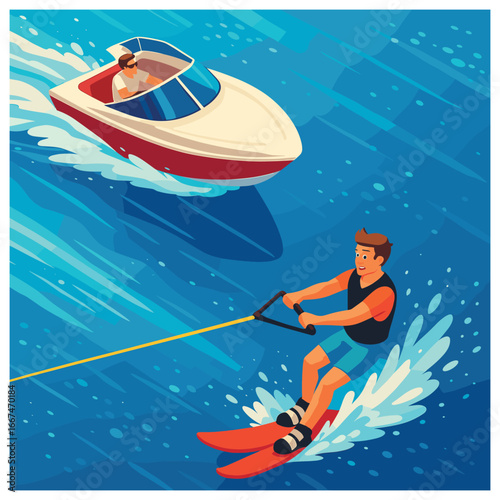 Water skiing adventure vector: thrilling watersport scene with boat and skier illustration