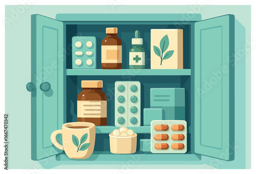 Wellness cabinet vector: health essentials, herbal supplements, natural remedies for holistic living