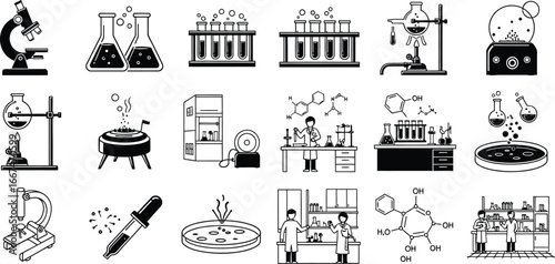 A collection of black and white science icons featuring lab equipment and chemical structures arranged neatly