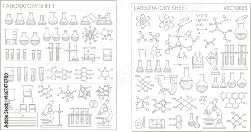 Two laboratory sheets filled with various lab equipment and chemical structures in black and white