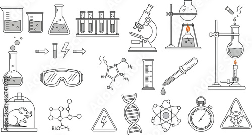 A collection of scientific laboratory equipment and symbols in a black and white line drawing style