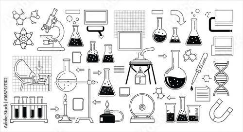 Line art illustration showcasing various scientific equipment and laboratory apparatus icons design