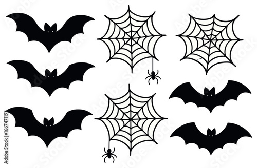 Halloween icon vector set: spooky bat and spider webs for festive design ideas
