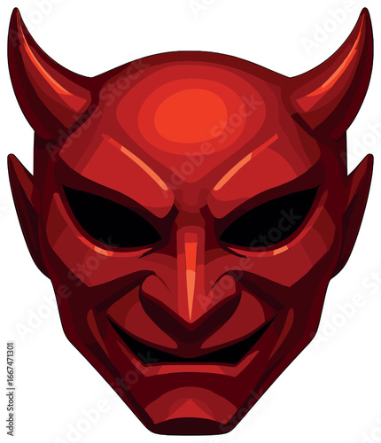 Devil mask icon vector: halloween, red demon face, evil horned character, spooky design