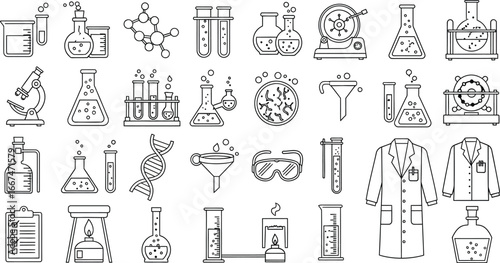 Collection of science lab equipment outlined on a white background in a vector graphic style