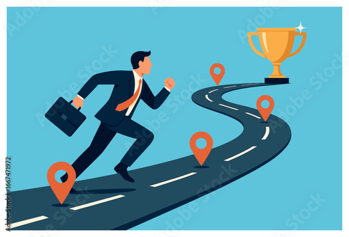 Business journey: path to success with man, briefcase, and trophy | achievement vector